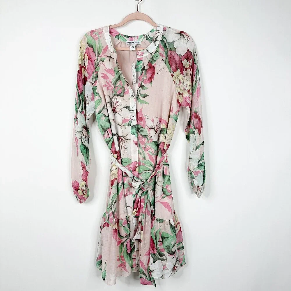 NWT White House Black Market Tie Waist Shirt Dress Roma Lily Sepia Rose - Picture 2 of 9